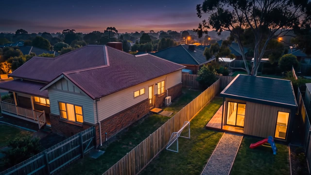 A house and its new secondary dwelling at dusk